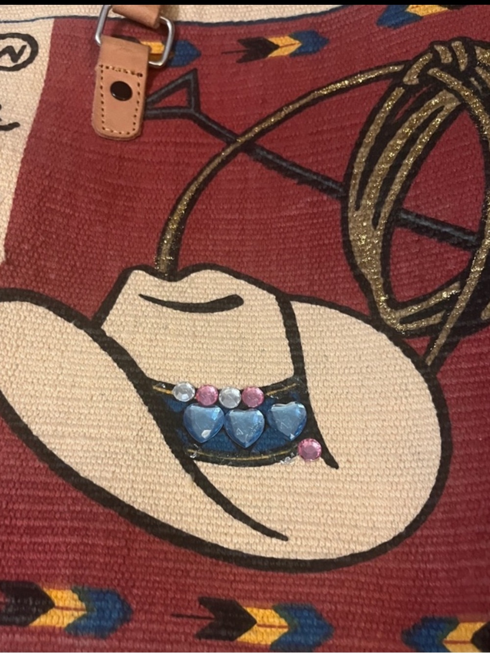 Saddle Blanket Cowboy Country-core Rust Red Embellished Rug Canvas Leather Tote - Picture 5 of 8
